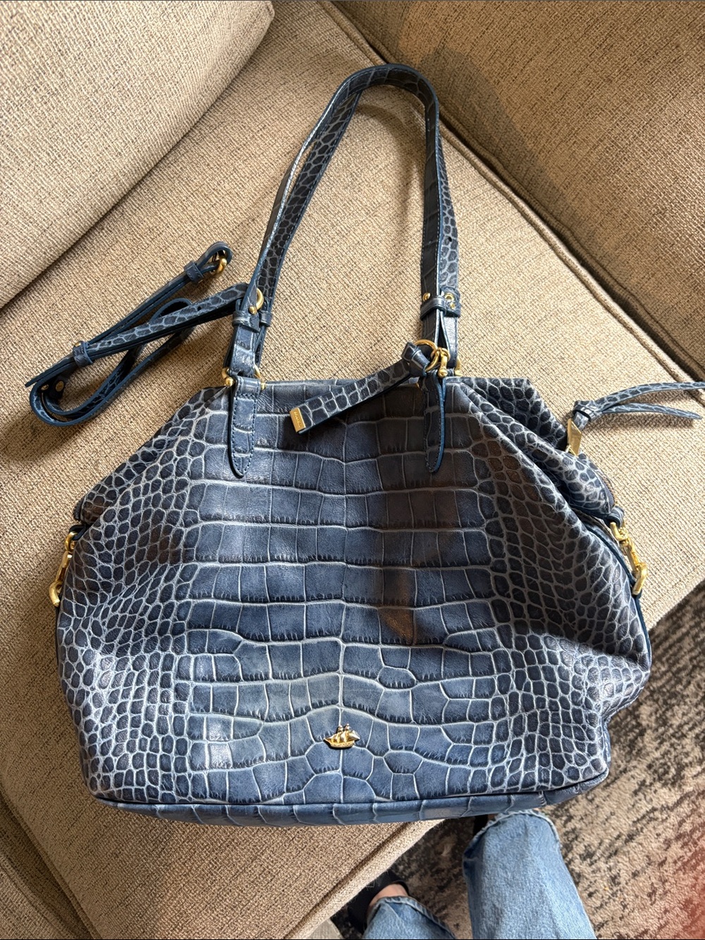 Brahmin Elisa Croc-Embossed Leather Satchel cerulean blue